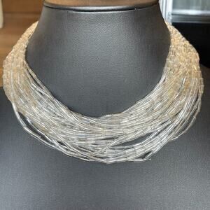 VTG Art Deco Clear Glass Tube Bead Necklace Multi 15 Strand 30” Length Unique